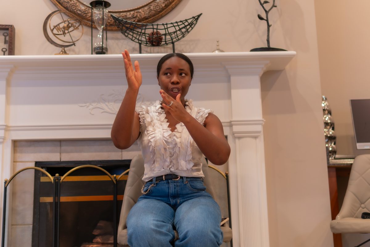 Teaching moment by the fireplace